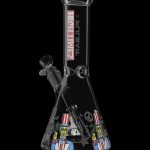 A glass bong with colorful, illustrative designs, featuring peace signs and portraits, against a black background.