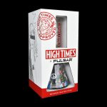 A white retail box for a “High Times x Pulsar” branded beaker water pipe, featuring colorful graphics and branding.