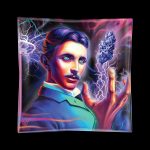A vibrant, stylized portrait of Nikola Tesla holding a glowing cannabis bud with electric sparks emanating from his hand, displayed on a dark background.