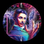 Nikola Tesla depicted in a circular, vibrant illustration holding a glowing cannabis bud amidst electric arcs and laboratory equipment.