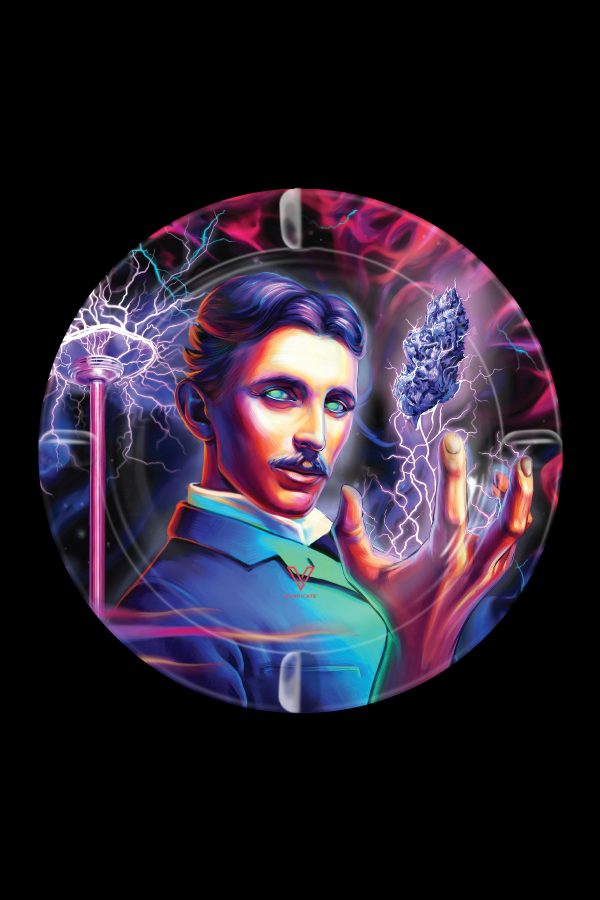 Nikola Tesla depicted in a circular, vibrant illustration holding a glowing cannabis bud amidst electric arcs and laboratory equipment.