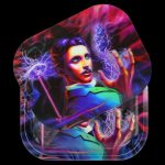 A rolling tray featuring a stylized portrait of Nikola Tesla with electric sparks emanating from his hands, set against a dark, swirling background.