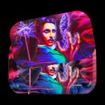 Neon rolling tray featuring a vintage-style illustration of Nikola Tesla conducting electricity, with vibrant purple and blue hues.