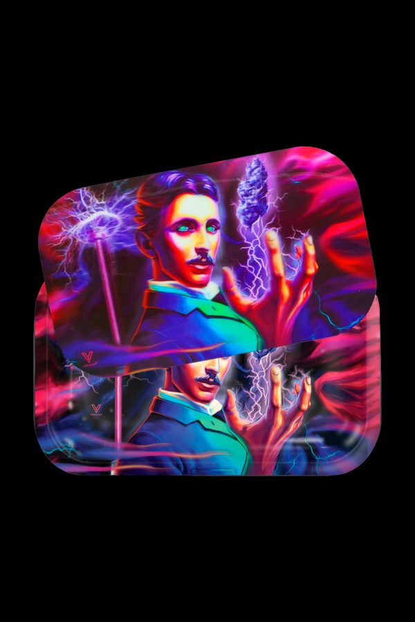 Neon rolling tray featuring a vintage-style illustration of Nikola Tesla conducting electricity, with vibrant purple and blue hues.