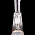 Clear glass water pipe (rig) with a wooden base, isolated on a black background.