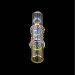 Hand-blown glass cannabis pipe with blue and yellow swirling patterns.