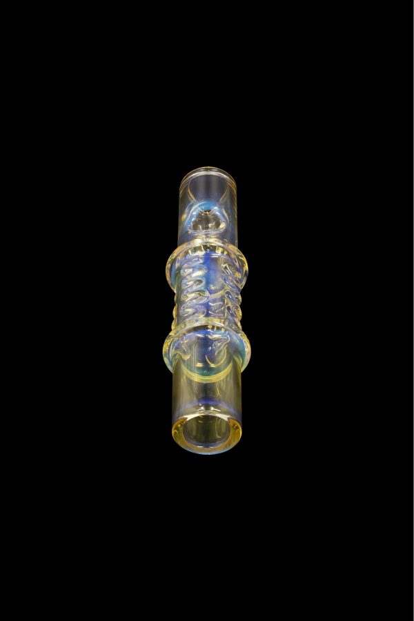 Hand-blown glass cannabis pipe with blue and yellow swirling patterns.