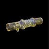 A glass cannabis oil burner pipe with iridescent blue and gold detailing, isolated on a black background.