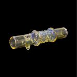 A glass cannabis oil burner pipe with iridescent blue and gold detailing, isolated on a black background.