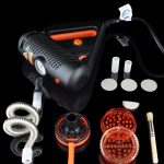 A front view of the Storz & Bickel Plenty Vaporizer with attachments, displayed against a dark backdrop.