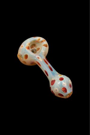 Hand pipe with speckled blue and red glass.