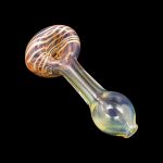 Hand pipe with colorful glass swirls and iridescent stem against a black background.
