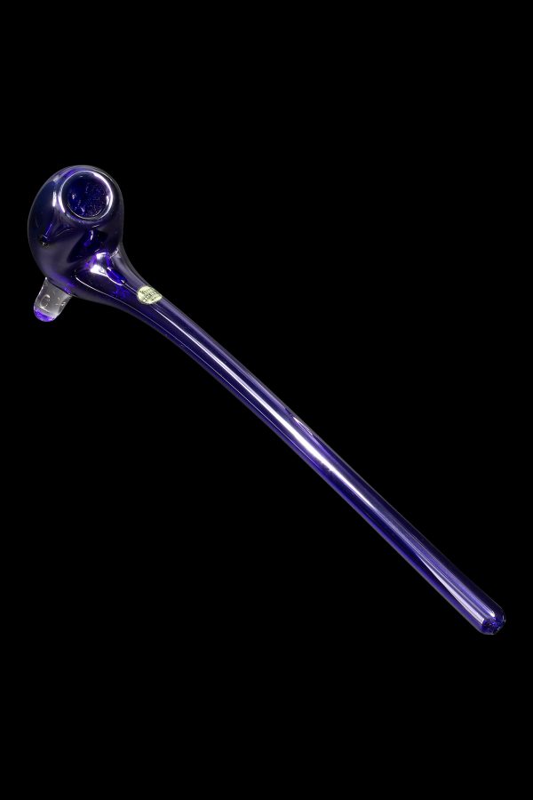 Purple glass pipe with a bulbous bowl, isolated on a black background.