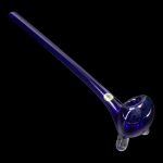 Blue glass pipe with a rounded bowl, isolated on a black background.