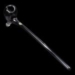 Black glass cannabis oil rig with a long, slender mouthpiece, isolated on a black background.