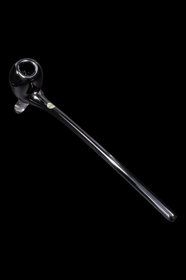 Black glass cannabis oil rig with a long, slender mouthpiece, isolated on a black background.