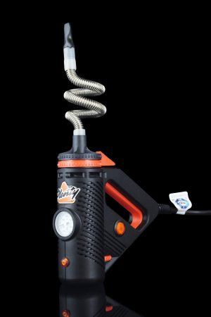 Front view of the Storz & Bickel Plenty Vaporizer, showcasing its coiled, black hose extending from the handheld device.