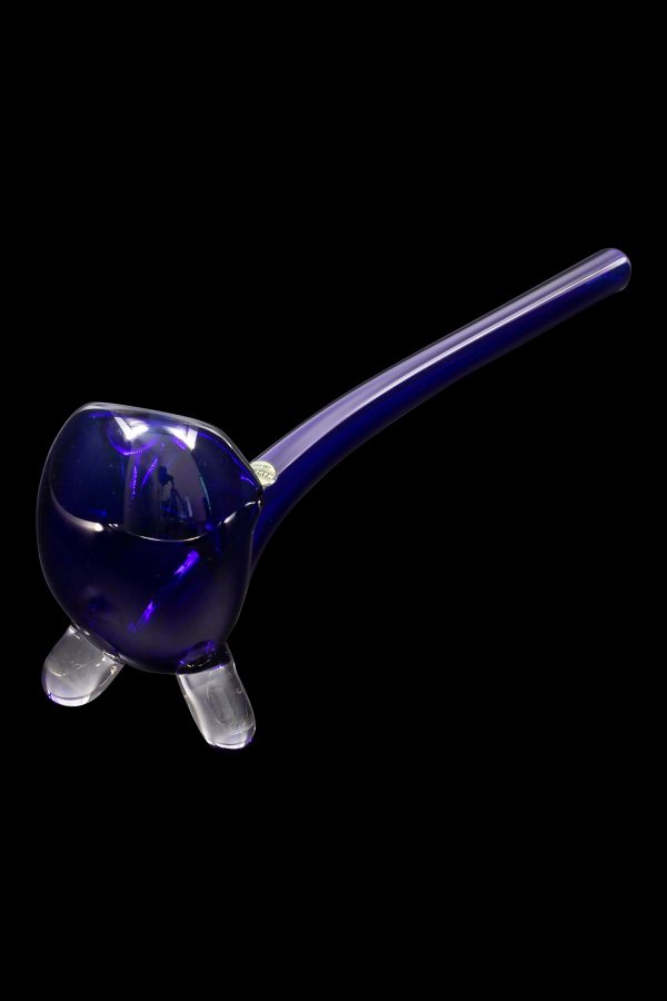 Blue glass cannabis oil rig with three clear feet.