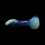 Glass pipe with blue and iridescent coloring on a black background.