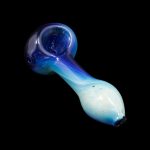 Glass pipe with blue and white swirling coloration against a black background.