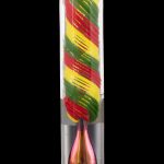 Red, yellow, and green swirled glass cannabis oil burner pipe on a clear background.