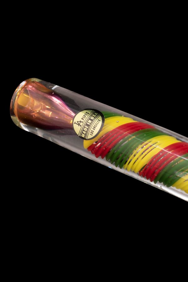 A colorful glass cannabis pipe with red, yellow, and green layers, labeled "A.R.I.Z.E. Made in USA Los Angeles."