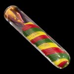 Handblown glass pipe with red, yellow, and green stripes.