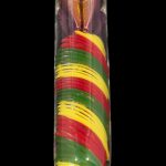 Hand-blown glass cannabis pipe with red, yellow, and green stripes.
