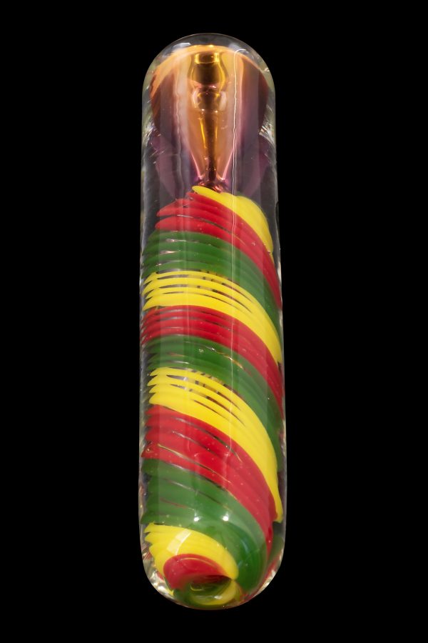 Hand-blown glass cannabis pipe with red, yellow, and green stripes.