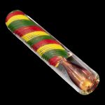 Hand-blown glass cannabis pipe with red, yellow, and green striped design.