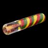 Hand-blown glass cannabis pipe with red, yellow, and green stripes.