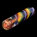 Hand-blown glass pipe with vibrant orange, green, and purple swirls, isolated on black.