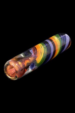 Hand-blown glass pipe with vibrant orange, green, and purple swirls, isolated on black.