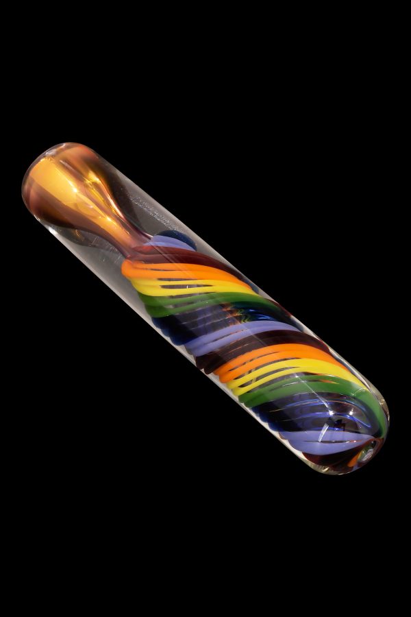 Hand-blown glass pipe with vibrant, layered rainbow colors.