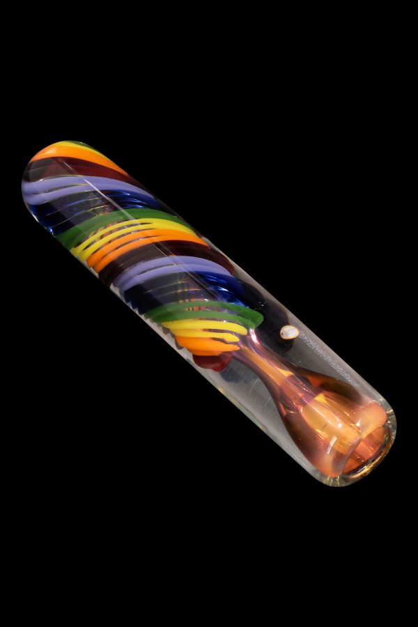 Hand-blown glass pipe with colorful swirling patterns against a black background.