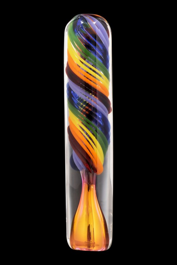 Colorful glass cannabis oil burner pipe against a black background.