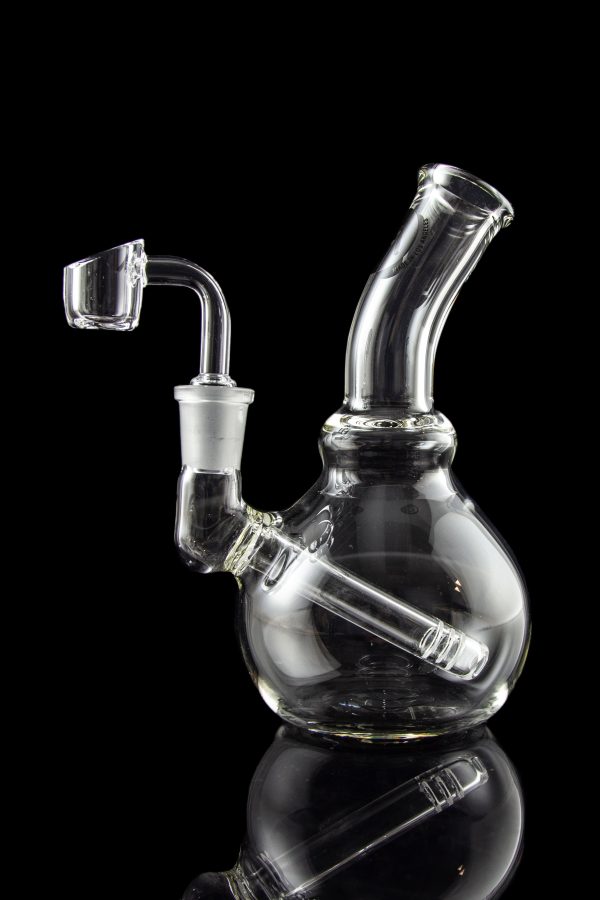 A front view of the LA Pipes Mini Bubble Base Concentrate Rig, showcasing its clear glass construction and rounded base.