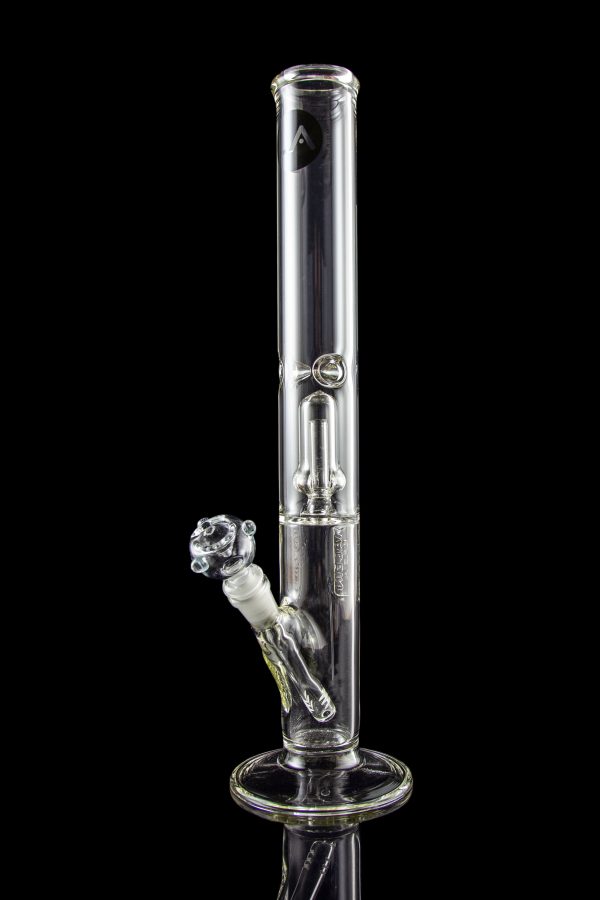 Clear glass bong with ice catch and intricate percolators, isolated on a black background.