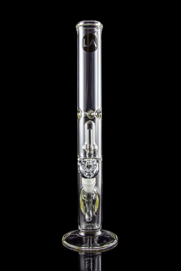 Clear glass bong with intricate percolators, isolated on a black background.