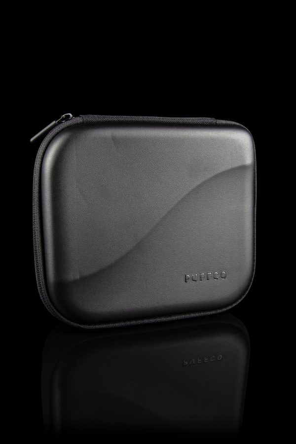 Black carrying case for a cannabis concentrate device, branded "PUFFCO".