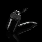 Sleek, black cannabis oil vape pen with a glass mouthpiece, isolated on a dark background.