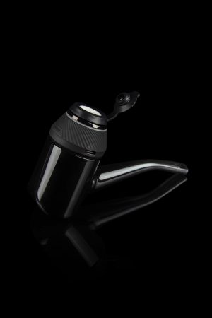 Sleek, black cannabis oil vape pen with a glass mouthpiece, isolated on a dark background.