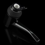 Sleek black glass cannabis oil burner pipe on a dark background.