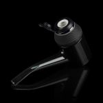 Sleek black cannabis oil vape pen with open mouthpiece, displayed against a dark background.