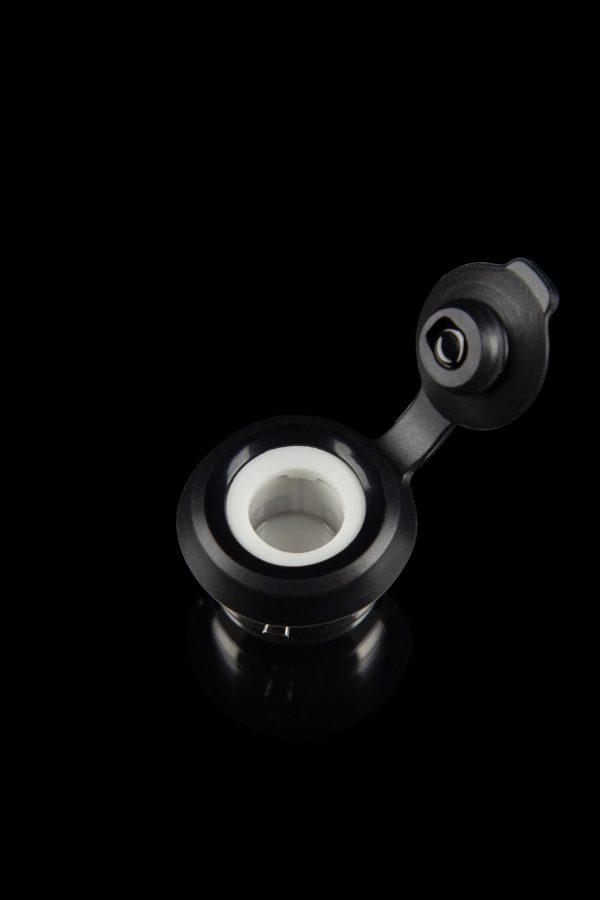 Black quartz banger with visible ceramic insert, studio shot.