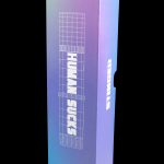 A sleek, rectangular packaging box with a gradient blue and purple finish, displaying a wireframe design of a cannabis pipe and the text “HUMAN SUCKS” and “STINGER.”
