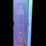 Close-up of a blue and iridescent box for a cannabis vaporizer, displaying a wireframe illustration of the device and age restriction warnings.