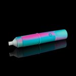 Iridescent cannabis oil vape pen with reflective surface on black background.