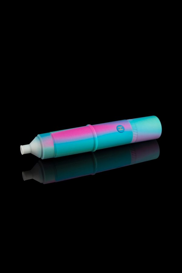 Iridescent cannabis oil vape pen with reflective surface on black background.