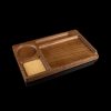 Wooden rolling tray with divided compartments and a built-in grinder, isolated on a black background.